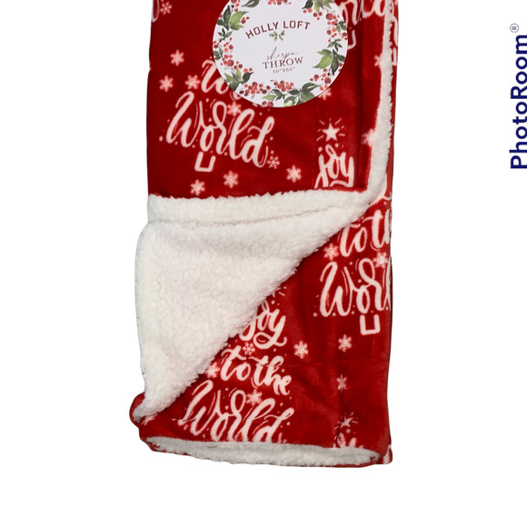 Holly Loft Christmas Holiday Plush Sherpa Throw Blanket Red Joy to the World NEW - Picture 2 of 10